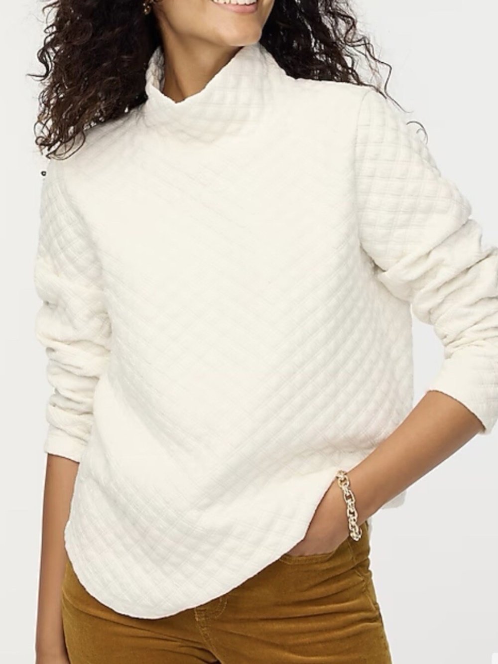 J Crew Factory Womens Quilted Mockneck Pullover Top XL Boxy Fit Ivory